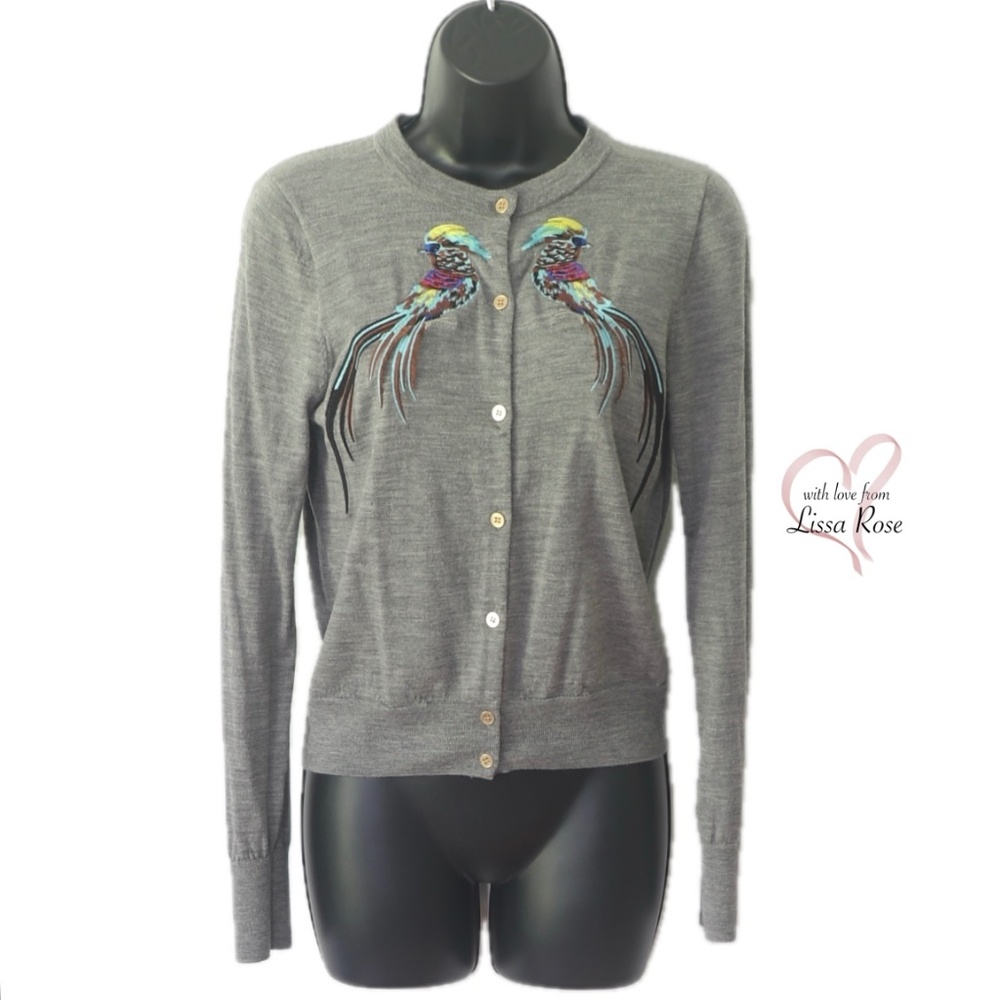Jackie Cardigan with Embroidered Pheasants Vibrant Birds (J. Crew)